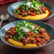 Bison and Bean Chili with Polenta on a plate