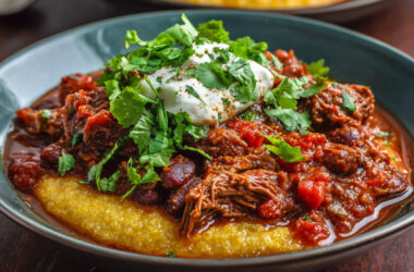 Bison and Bean Chili with Polenta on a plate