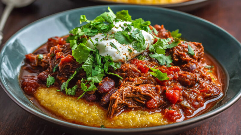 Bison and Bean Chili with Polenta on a plate