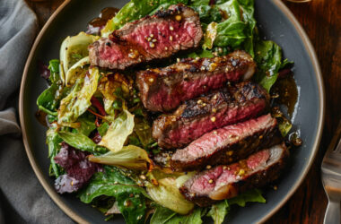 New York Steak and Brown Butter Chicory Salad on a plate