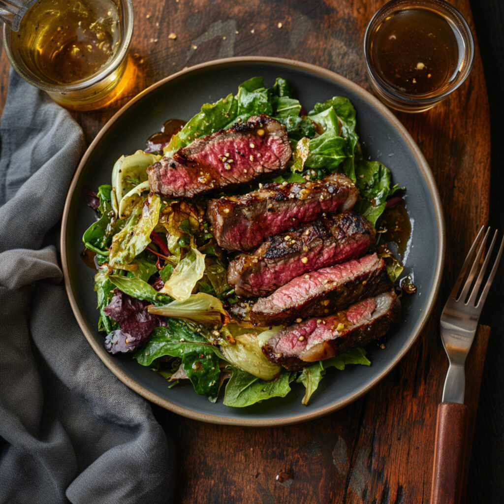 New York Steak and Brown Butter Chicory Salad on a plate