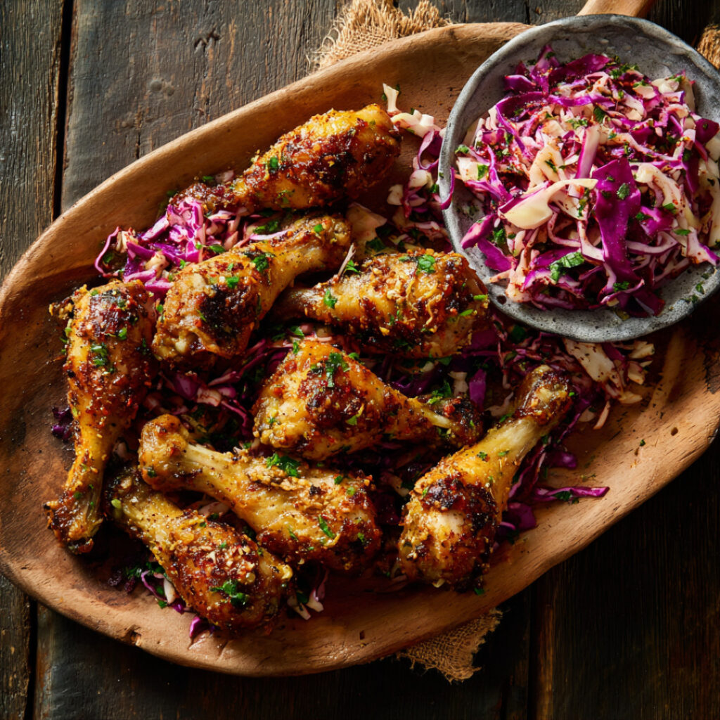 Sheet-Pan Buttermilk Drumsticks with Spiced Cabbage Slaw on a plate