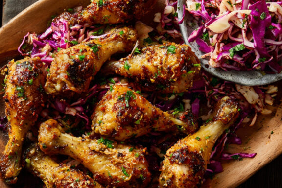 Sheet-Pan Buttermilk Drumsticks with Spiced Cabbage Slaw on a plate