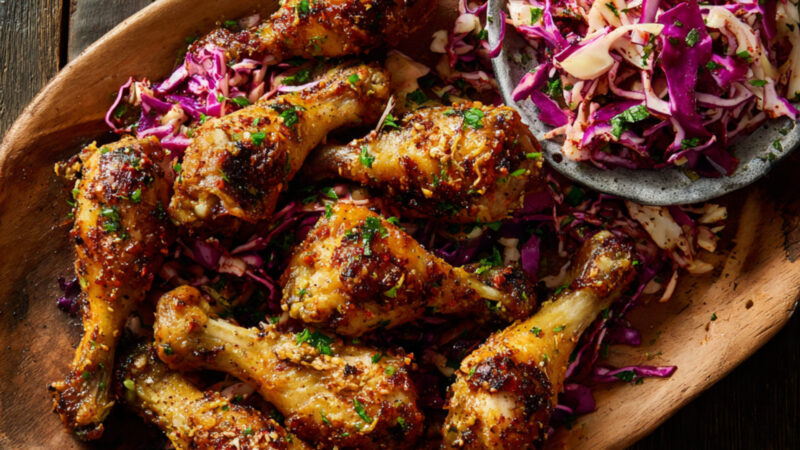 Sheet-Pan Buttermilk Drumsticks with Spiced Cabbage Slaw on a plate