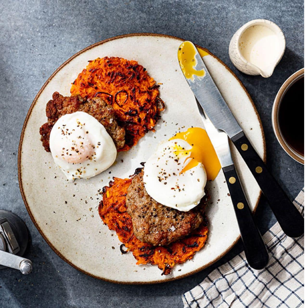 Sausages, Sweet PotatoShallot Hash Browns and Eggs Just Cook by