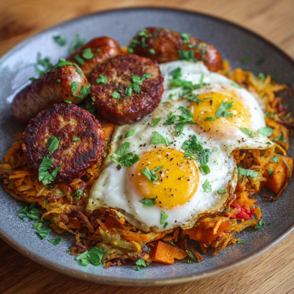 Sausages, Sweet Potato-Shallot Hash Browns and Eggs on a plate