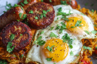 Sausages, Sweet Potato-Shallot Hash Browns and Eggs on a plate