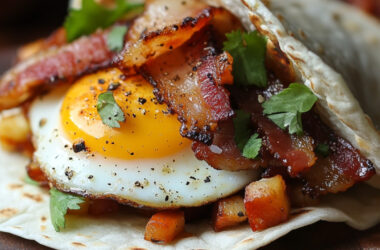 Spiced Bacon and Fried Egg Tacos on a chopping board