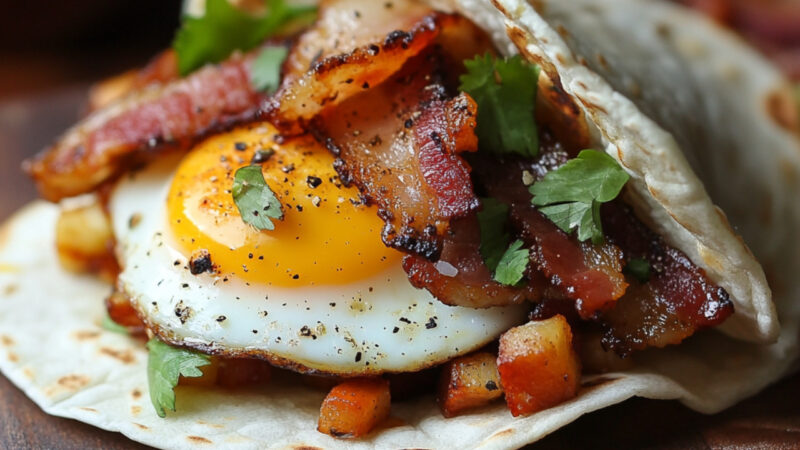 Spiced Bacon and Fried Egg Tacos on a chopping board
