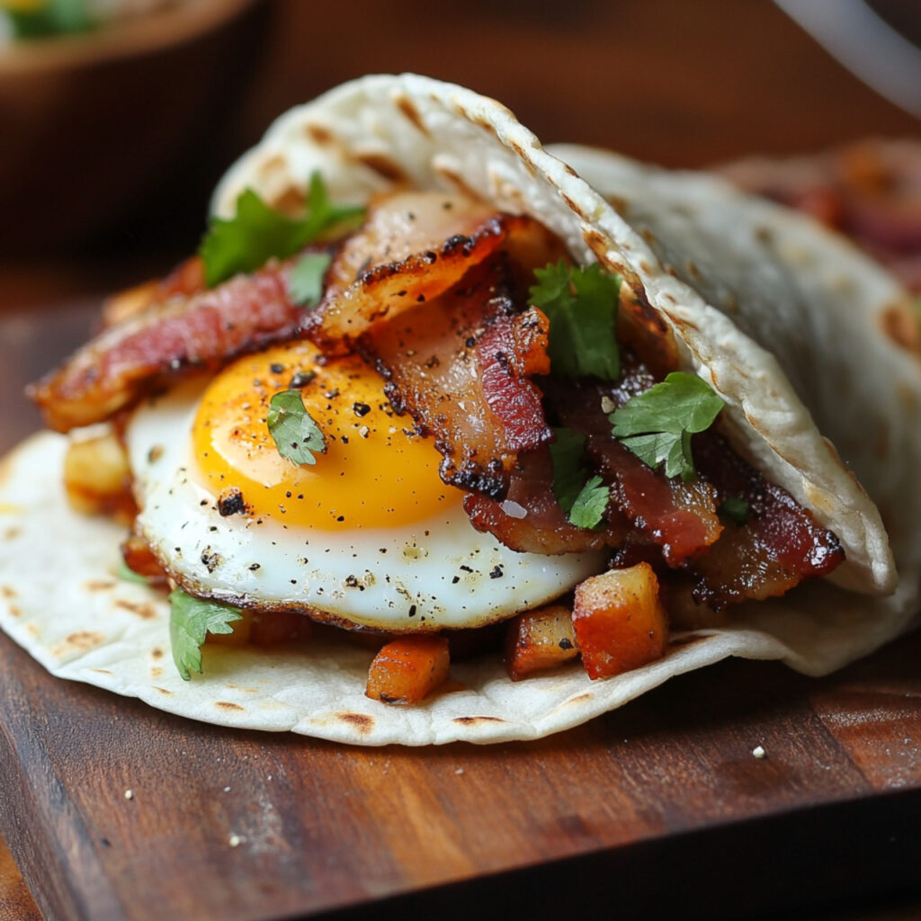 Spiced Bacon and Fried Egg Tacos on a chopping board