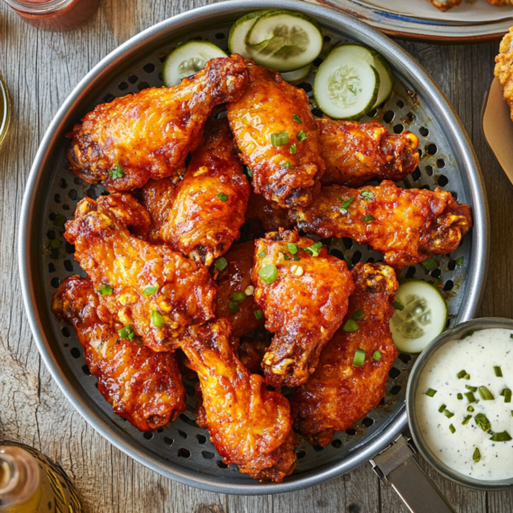 Air Fryer Nashville-Style Hot Chicken Wings on a colander