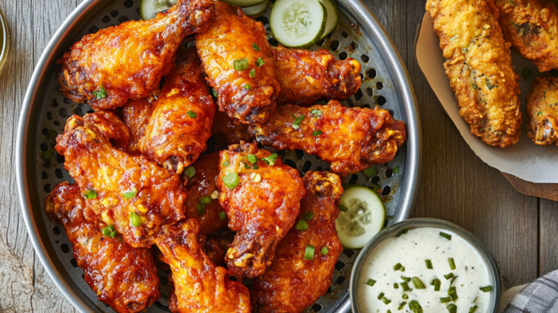 Air Fryer Nashville-Style Hot Chicken Wings on a colander