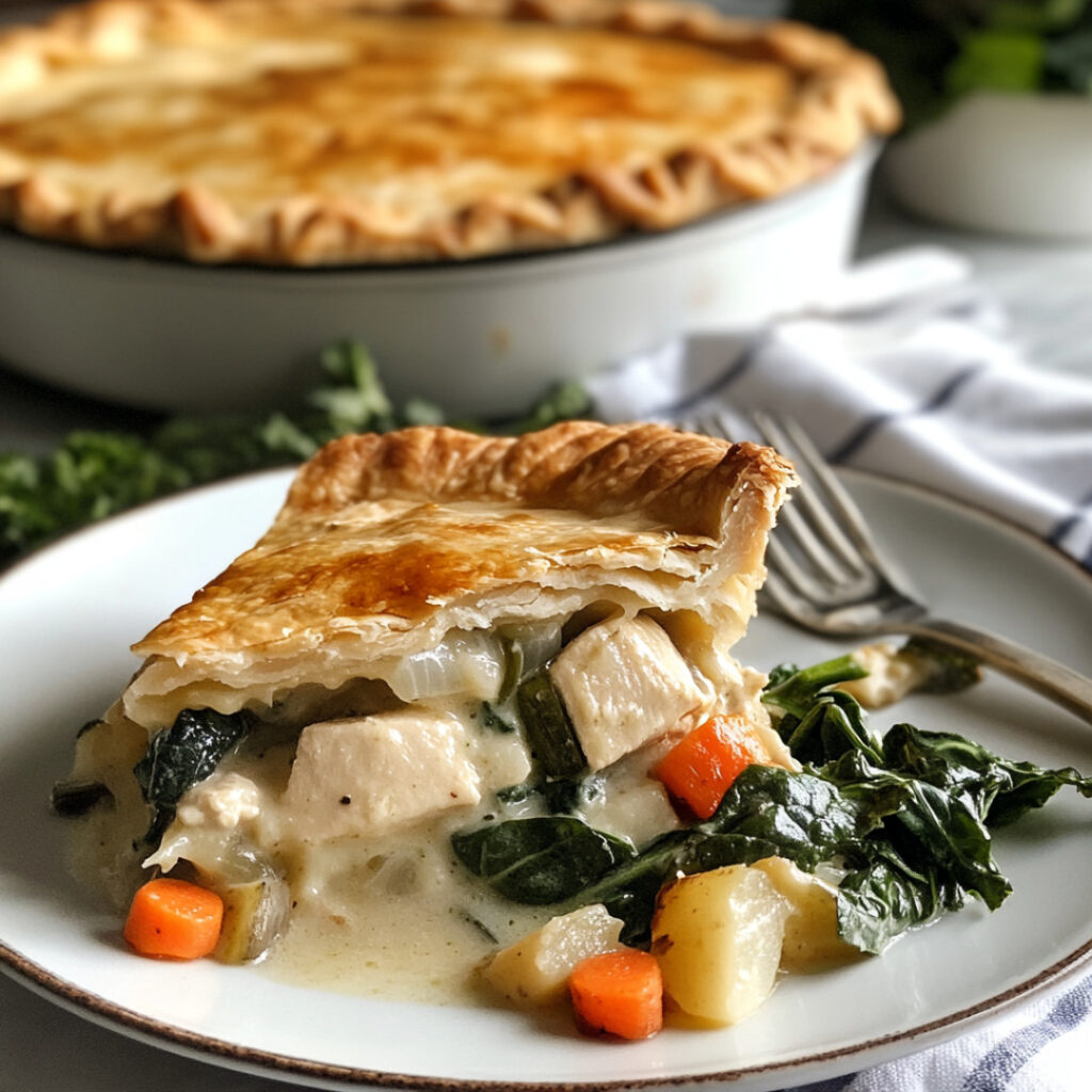 Chicken Pot Pie with Greens and Root Vegetables on a plate