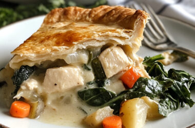 Chicken Pot Pie with Greens and Root Vegetables on a plate