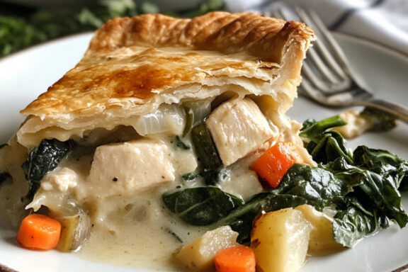 Chicken Pot Pie with Greens and Root Vegetables on a plate