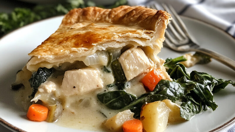 Chicken Pot Pie with Greens and Root Vegetables on a plate
