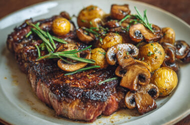 Pan-Roasted Ribeye with Buttery Mushrooms on a plate