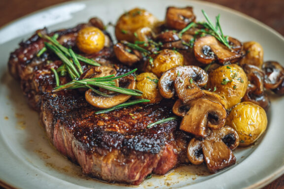 Pan-Roasted Ribeye with Buttery Mushrooms on a plate
