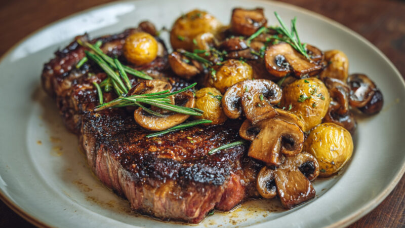 Pan-Roasted Ribeye with Buttery Mushrooms on a plate