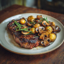 Pan-Roasted Ribeye with Buttery Mushrooms on a plate