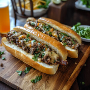 Philly Cheesesteak-Style Sandwiches on a chopping board