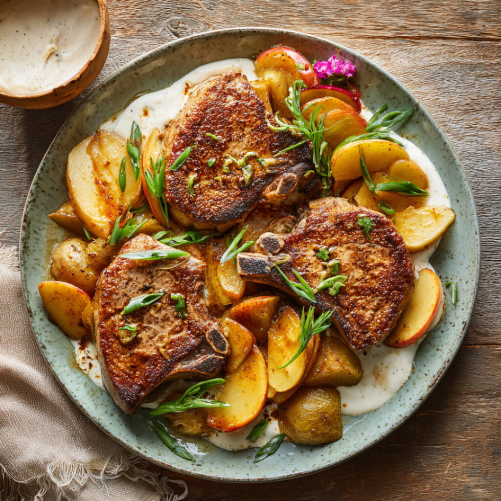 Pork Chops with Apples, Sour Cream and Scallions on a plate on a plate