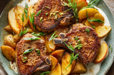 Pork Chops with Apples, Sour Cream and Scallions on a plate on a plate