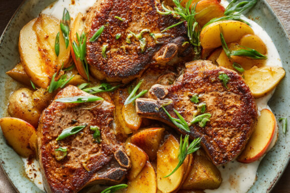 Pork Chops with Apples, Sour Cream and Scallions on a plate on a plate