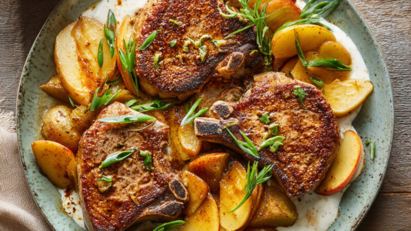 Pork Chops with Apples, Sour Cream and Scallions on a plate on a plate