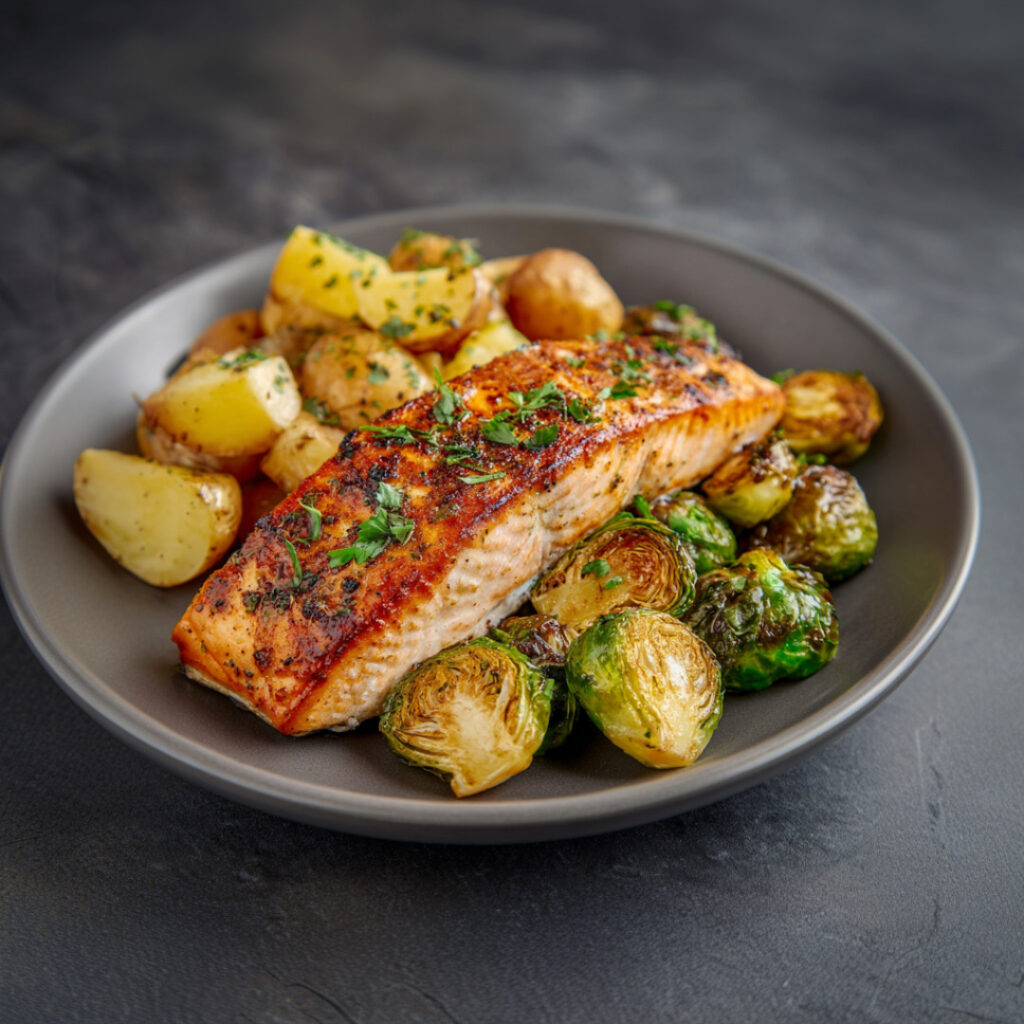 Roasted Salmon with Potatoes and Brussels Sprouts on a plate