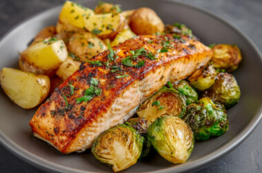 Roasted Salmon with Potatoes and Brussels Sprouts on a plate