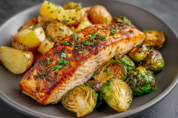 Roasted Salmon with Potatoes and Brussels Sprouts on a plate