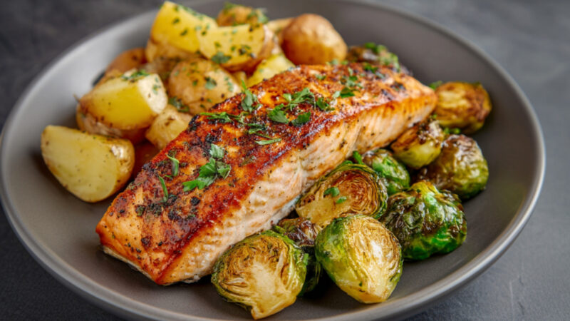 Roasted Salmon with Potatoes and Brussels Sprouts on a plate