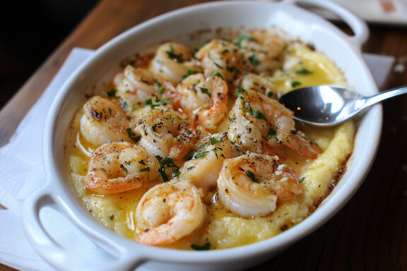 Shrimp Scampi with Polenta in a baking dish