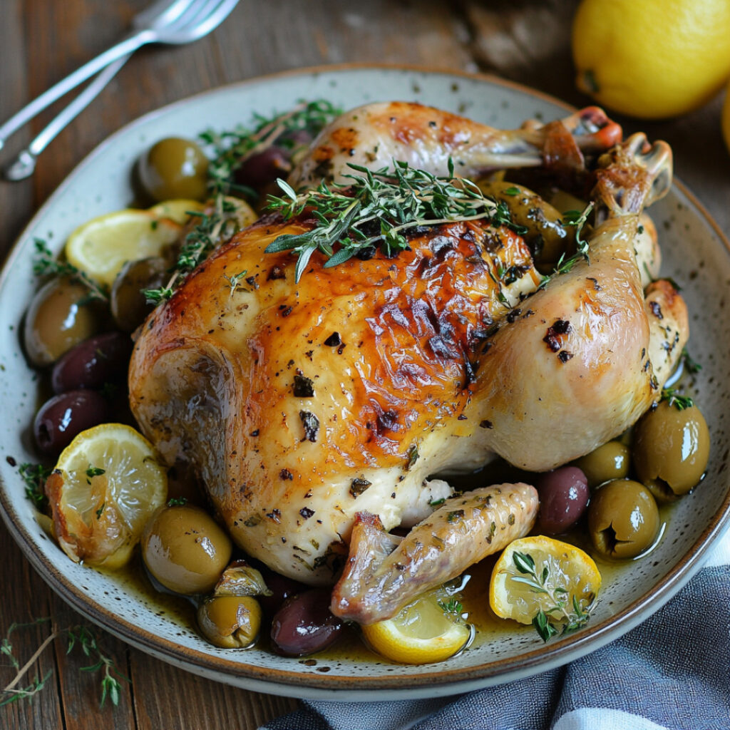 Slow-Roasted Whole Chicken with Olives, Shallots and Lemon on a plate