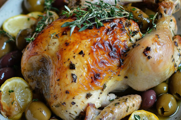 Slow-Roasted Whole Chicken with Olives, Shallots and Lemon on a plate