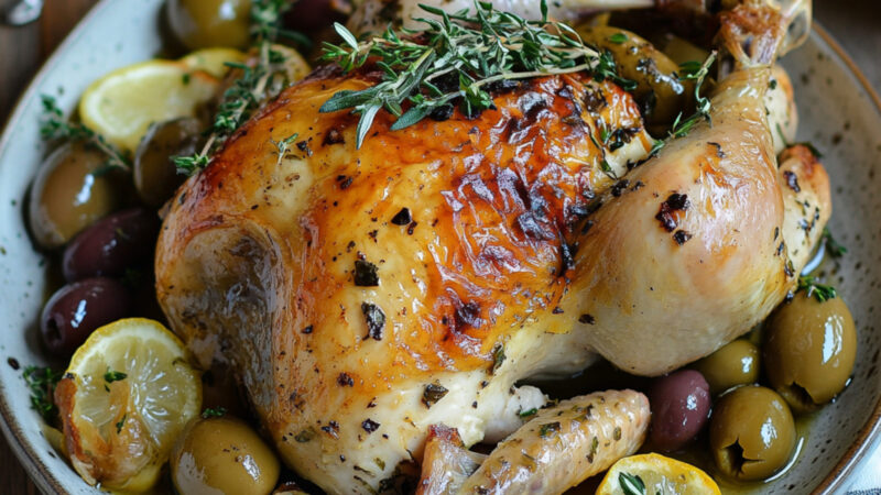Slow-Roasted Whole Chicken with Olives, Shallots and Lemon on a plate