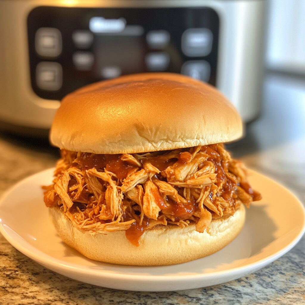 The Instant Pot Version of Sonny's BBQ’s Pulled Chicken on a plate