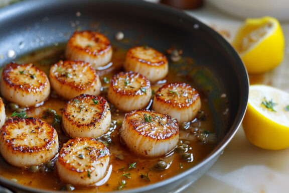 Brown Butter Seared Scallops in a pan