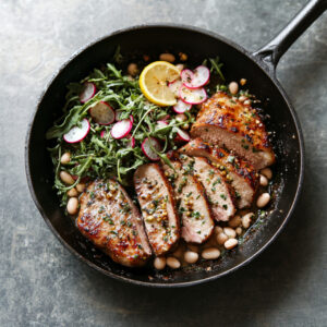 Pan-Roasted Pork Steaks in a cooking pan