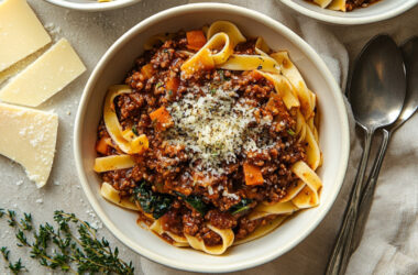 Pasta Bolognese with Spinach and Parmesan in a bowl