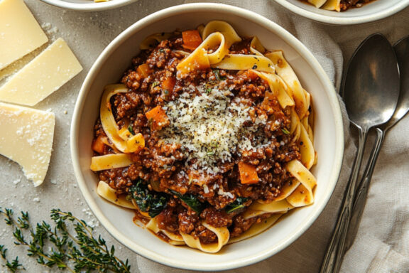 Pasta Bolognese with Spinach and Parmesan in a bowl