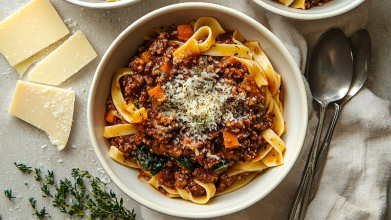 Pasta Bolognese with Spinach and Parmesan in a bowl