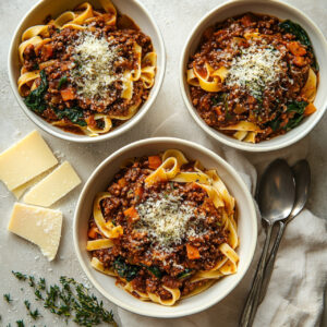 Pasta Bolognese with Spinach and Parmesan in a bowl