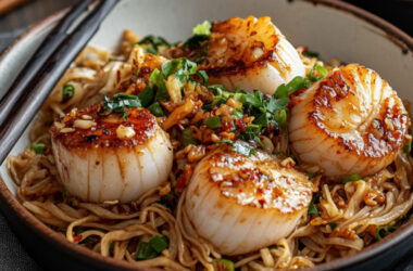 Scallops in XO Sauce with Fried Noodles in a bowl