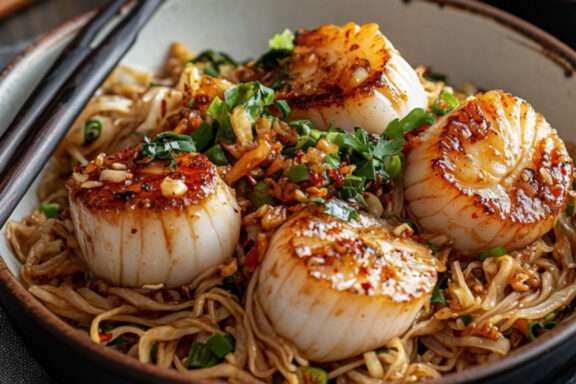 Scallops in XO Sauce with Fried Noodles in a bowl