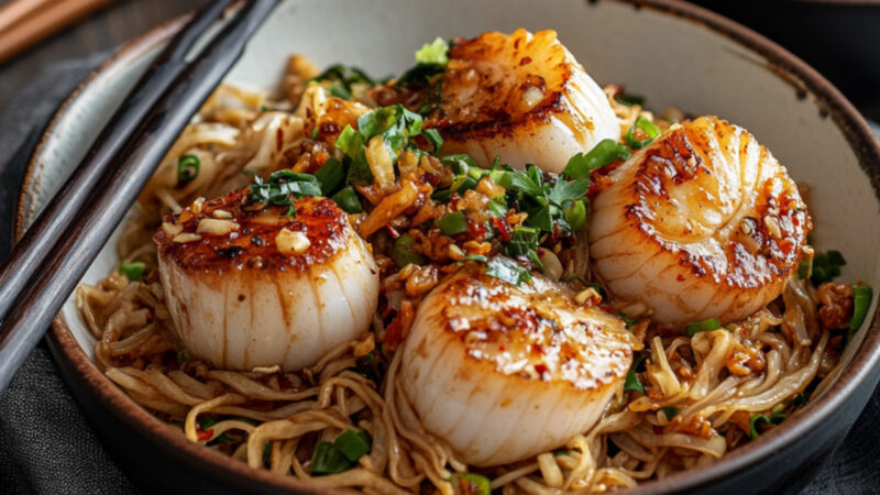 Scallops in XO Sauce with Fried Noodles in a bowl