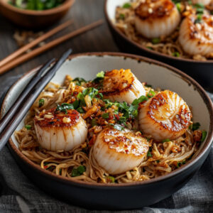 Scallops in XO Sauce with Fried Noodles in a bowl