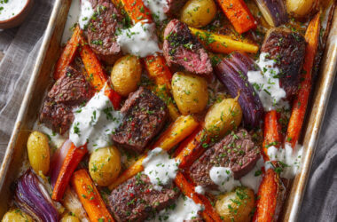 Sheetpan Sirloin with Yogurt and Chili Crisp on a tray