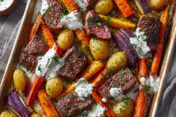 Sheetpan Sirloin with Yogurt and Chili Crisp on a tray